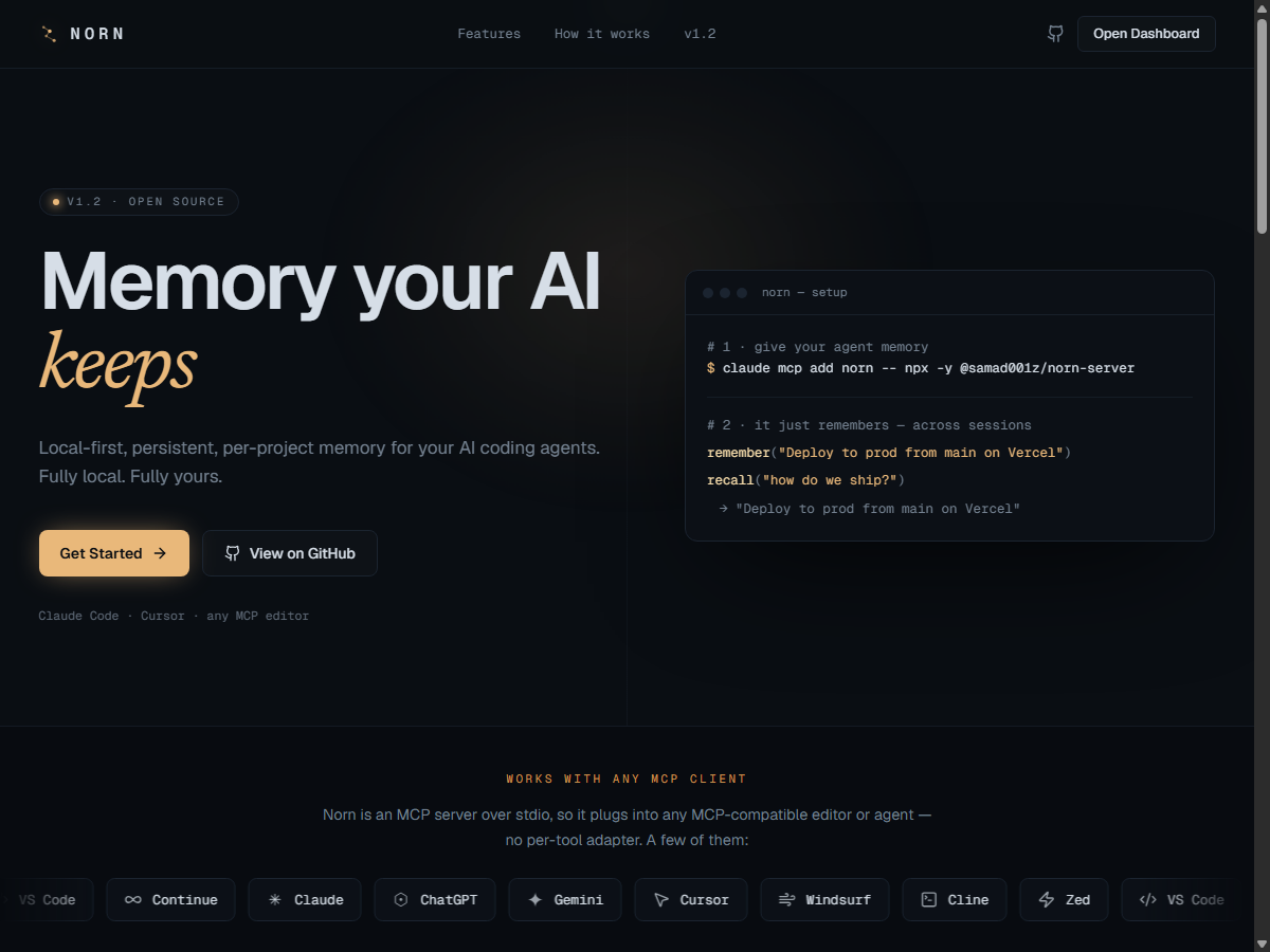 Norn website, persistent-memory MCP server for AI agents